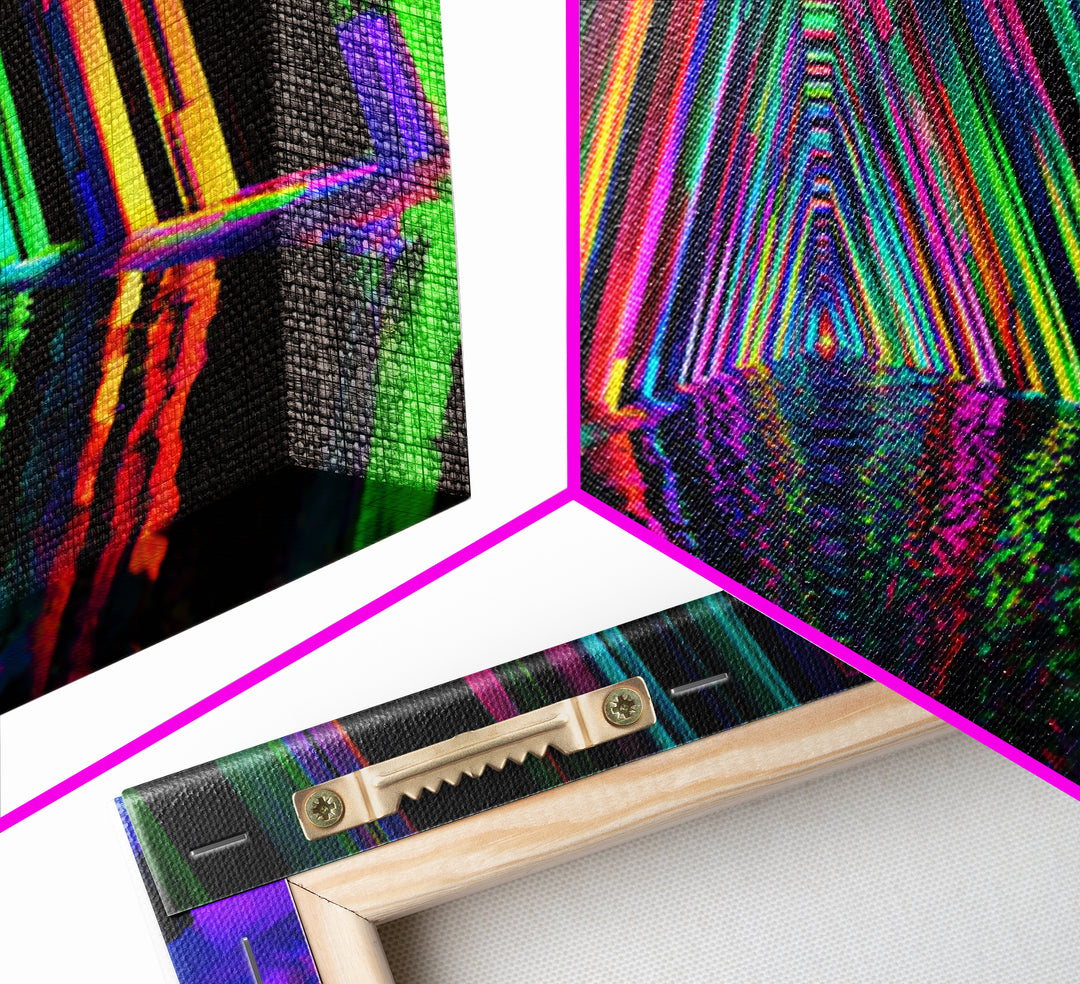 Neon Geometric Tunnel Reflection Canvas Print, Cyberpunk Wall Art, Futuristic Abstract Art, Gaming Room Decor, Vaporwave Poster