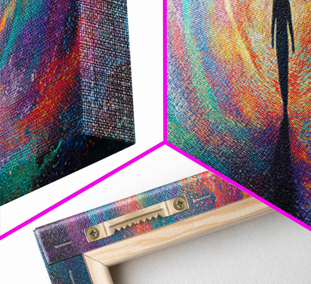 Silhouette Walking Into Rainbow Vortex Wall Art, Abstract Psychedelic Art Print, Meditation Decor, Modern Canvas Print For Living Room