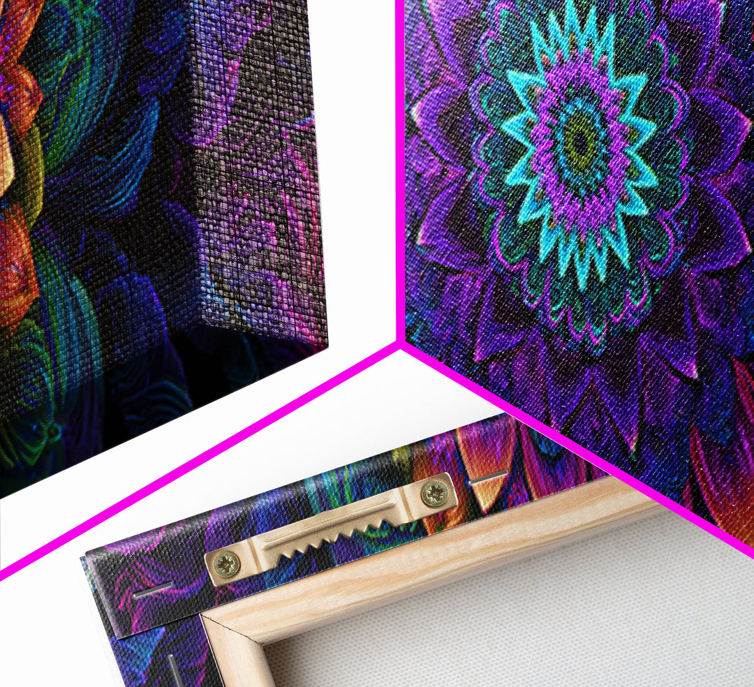 Vibrant Fractal Mandala Flower Canvas Print, Psychedelic Wall Art, Colorful Spiritual Decor, Meditation Room Art, Yoga Studio