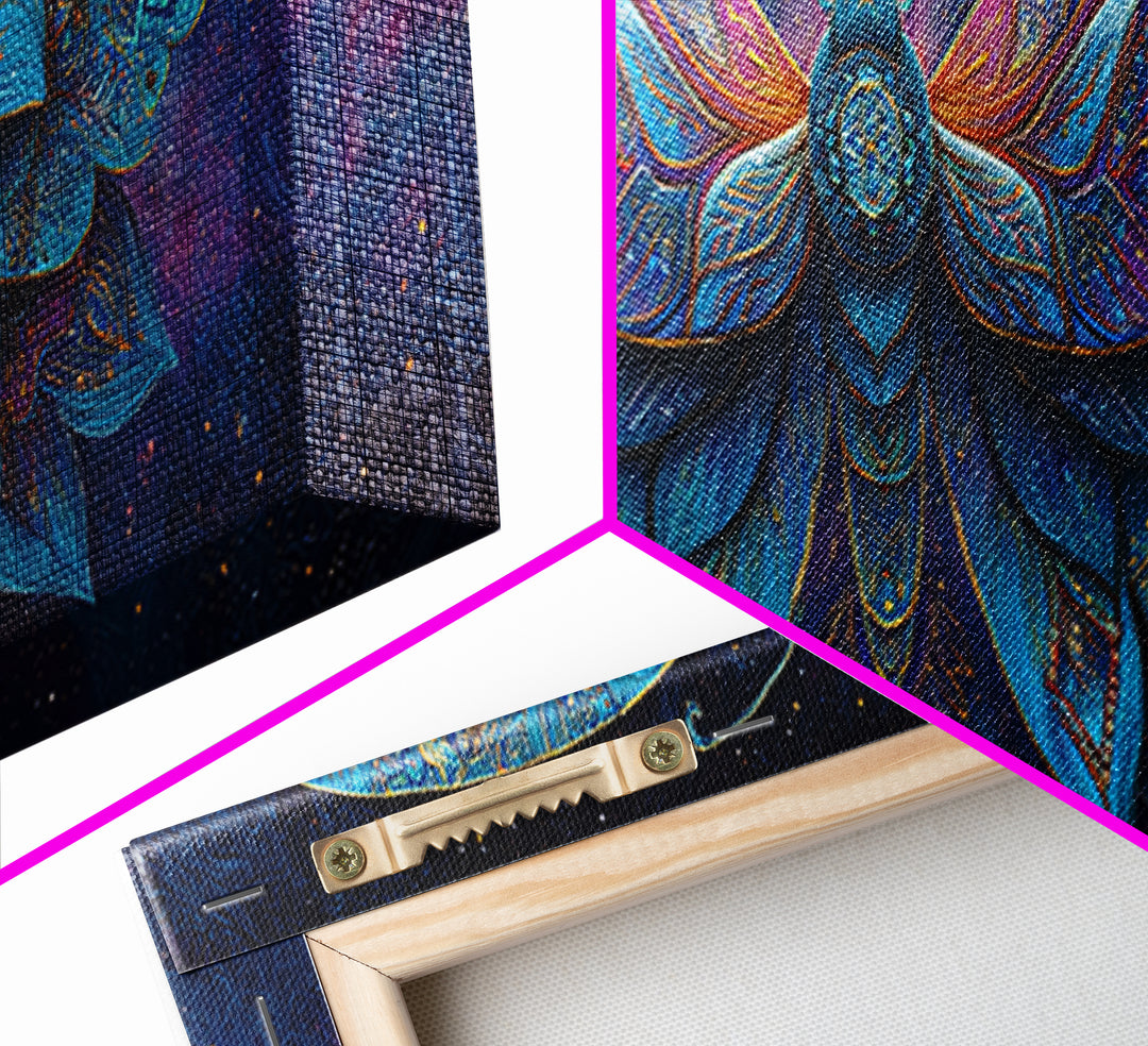 Celestial Blue Moth With Jeweled Wings Framed Canvas Print, Mystical Wall Art For Bedroom Decor And Gift For Her, Boho Celestial Home Decor