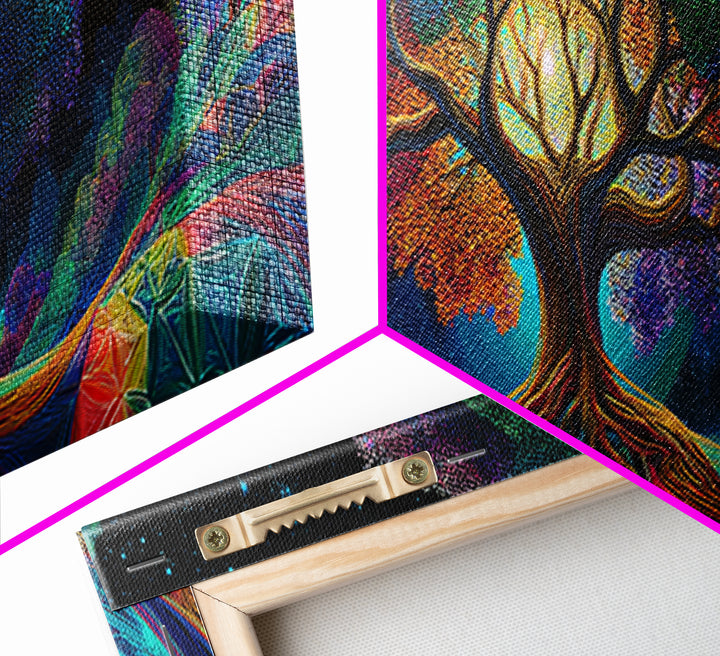 Glowing Tree Of Life Under Starry Sky Framed Canvas Print, Mystical Nature Wall Art For Boho Home Decor And Bedroom Decor