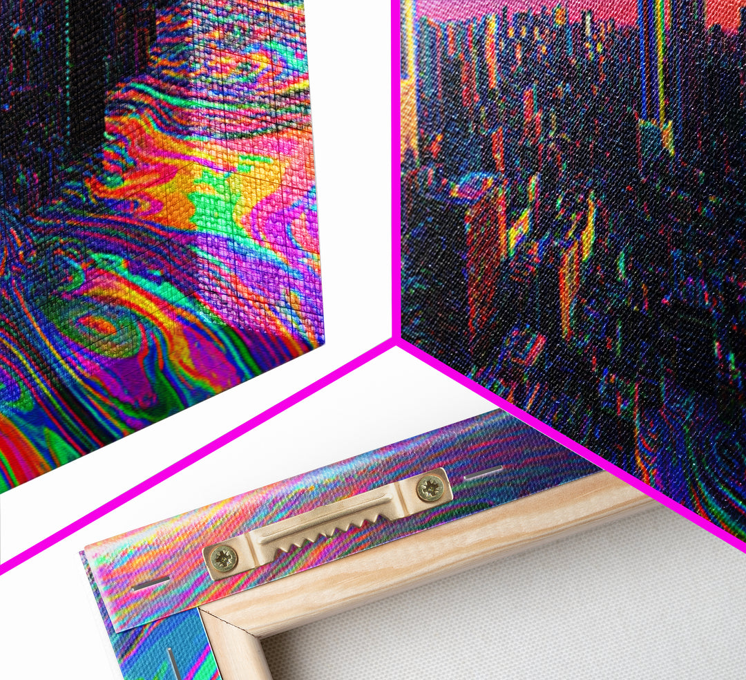 Neon Cyberpunk City Canvas Print, Futuristic Skyline Wall Art, Glitch Urban Decor, Modern Gaming Room Panoramic Wall Art Print