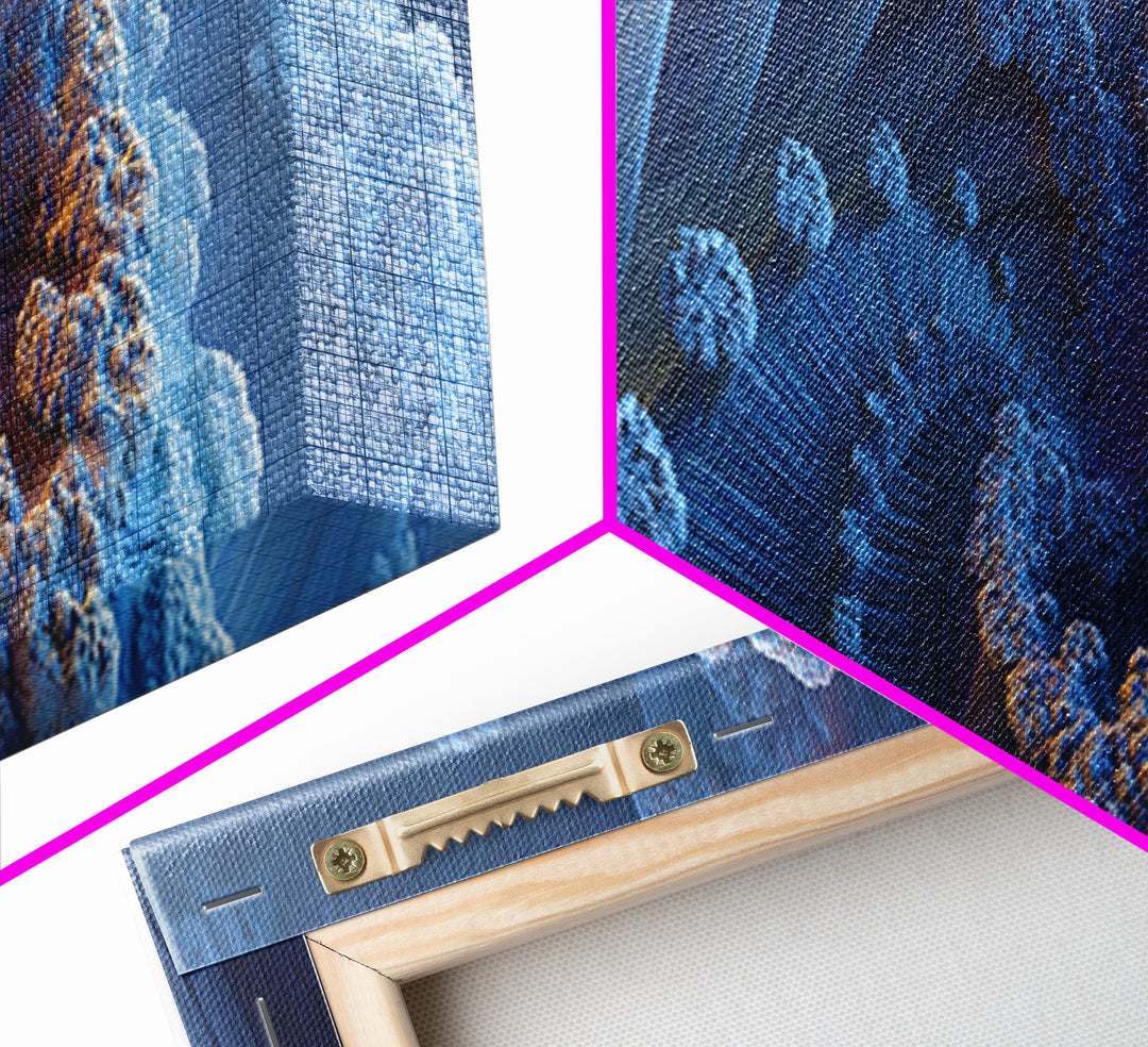 Blue Fractal Ocean Wave And Frozen Spiral Canvas Print, Abstract Seascape Wall Art For Modern Coastal Living Room Home Decor