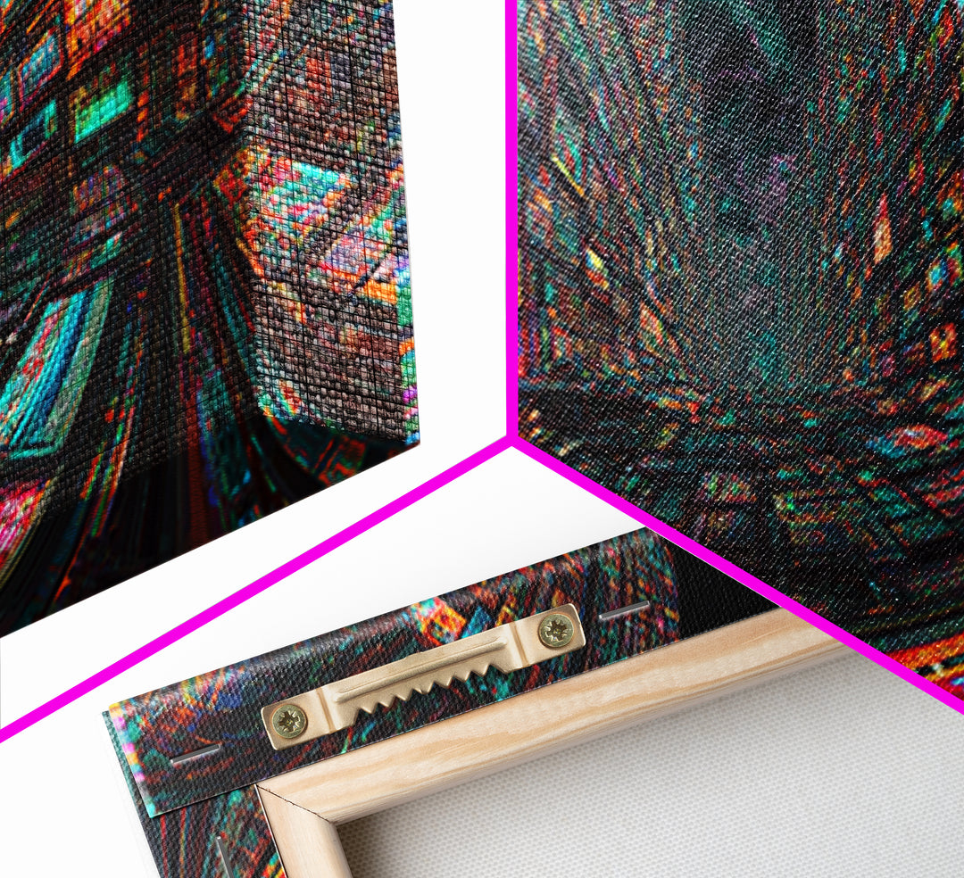 Neon Cyberpunk City With Glitch Streets Framed Canvas Print, Futuristic Wall Art For Gaming Room Decor And Office Decor, Gift For Him