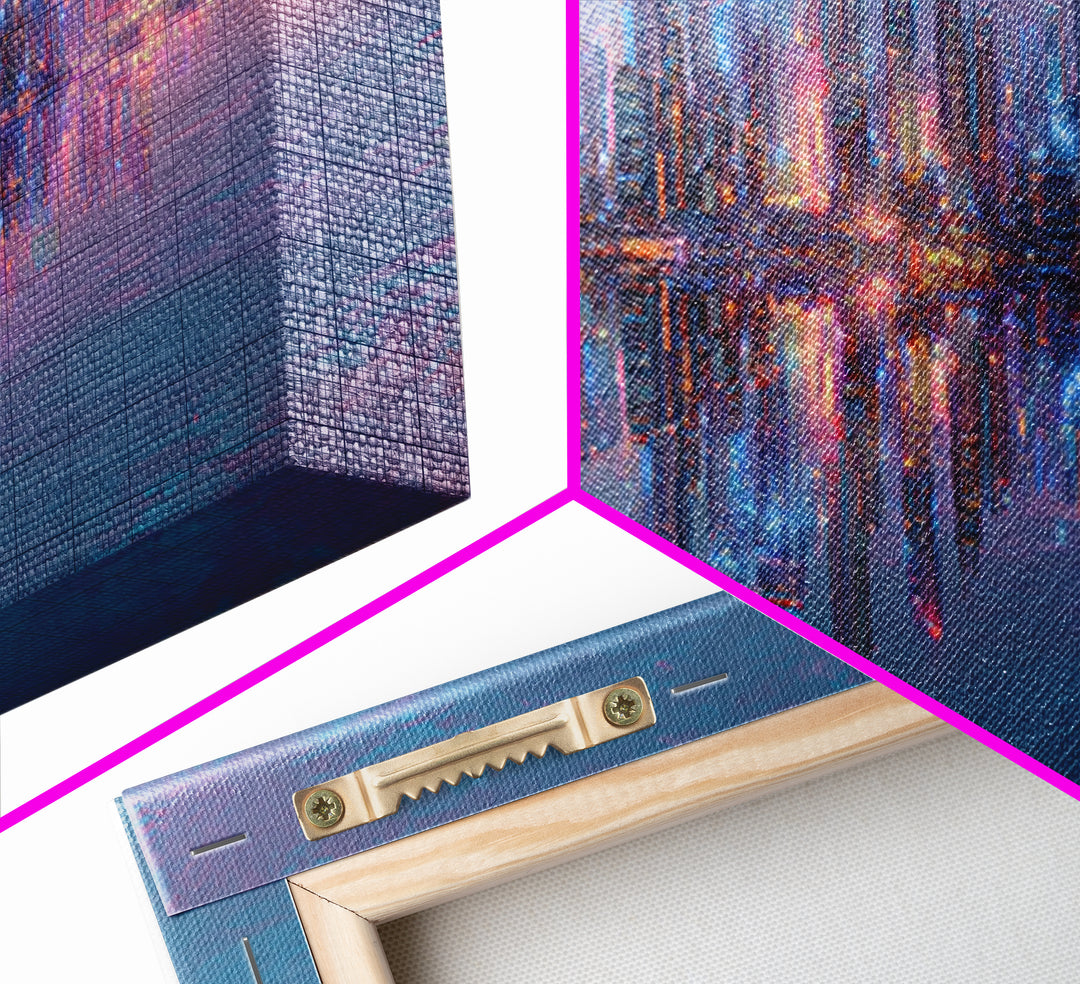 Neon Futuristic Skyline Reflection Wall Art, Panoramic Canvas Print, Cyberpunk Cityscape, Modern Living Room Decor, Large Horizontal Art