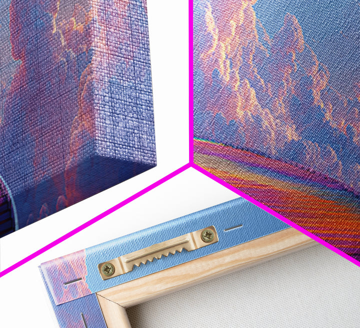 Rainbow Stairway Through Clouds Wall Art, Dreamy Celestial Fantasy Print, Pastel Whimsical Decor, Framed Canvas Print For Nursery