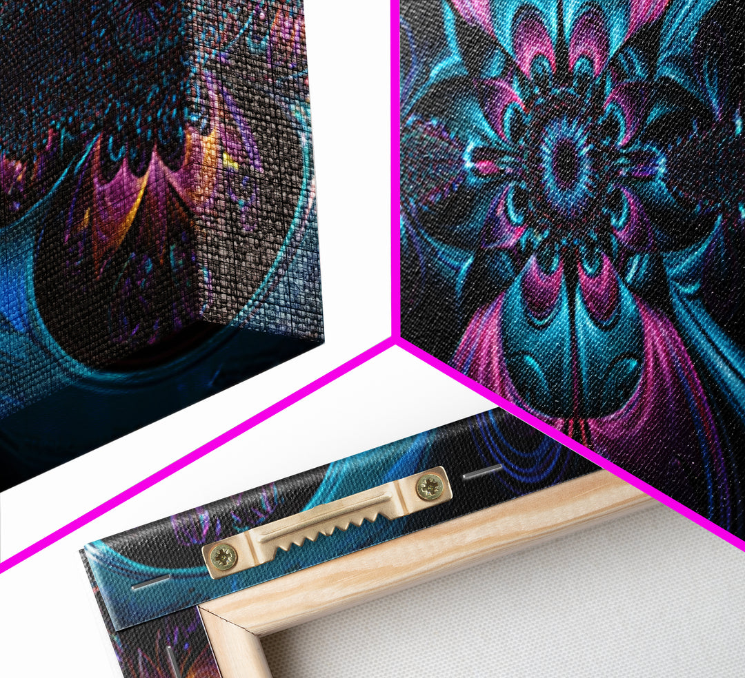 Neon Fractal Flower Mandala Wall Art, Symmetrical Psychedelic Canvas, Teal And Purple Abstract Decor, Meditation Room Print