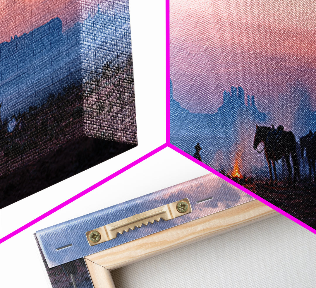 Western Desert Camp With Horses Framed Canvas Print, Cowboy Sunset Landscape, Southwestern Wall Art, Rustic Western Home Decor