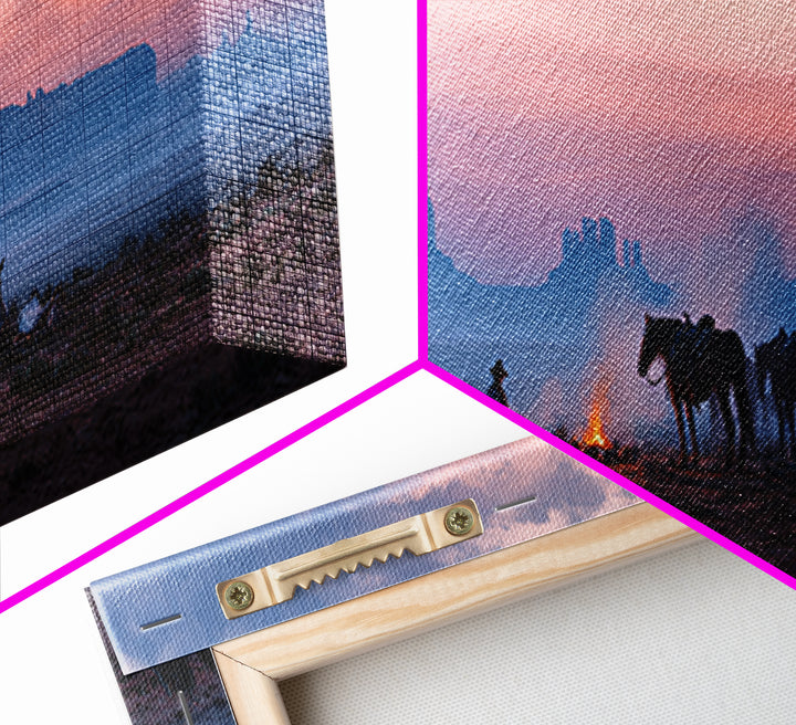 Western Desert Camp With Horses Framed Canvas Print, Cowboy Sunset Landscape, Southwestern Wall Art, Rustic Western Home Decor