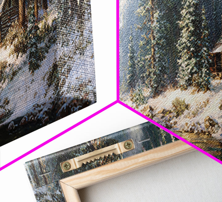 Snowy Cabin River Framed Canvas Print, Winter Forest Landscape Wall Art, Rustic Home Decor, Lake House Gift For Living Room Decor