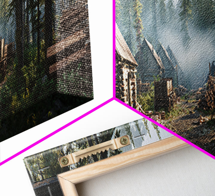 Rustic Logging Camp In Pine Forest Canvas Print, Large Cabin Wall Art, Woodland Landscape, Farmhouse Decor, Nature Lover Gift