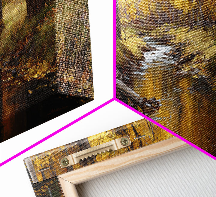 Golden Autumn Forest Creek Wall Art, Impressionist Aspen Landscape Canvas, Warm Nature Print, Rustic Living Room Decor, Cozy Home Decor