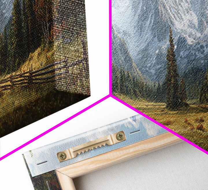 Alpine Meadow Cabin And Snowy Mountains Framed Canvas Print, Landscape Wall Art, Rustic Farmhouse Living Room Decor Gift