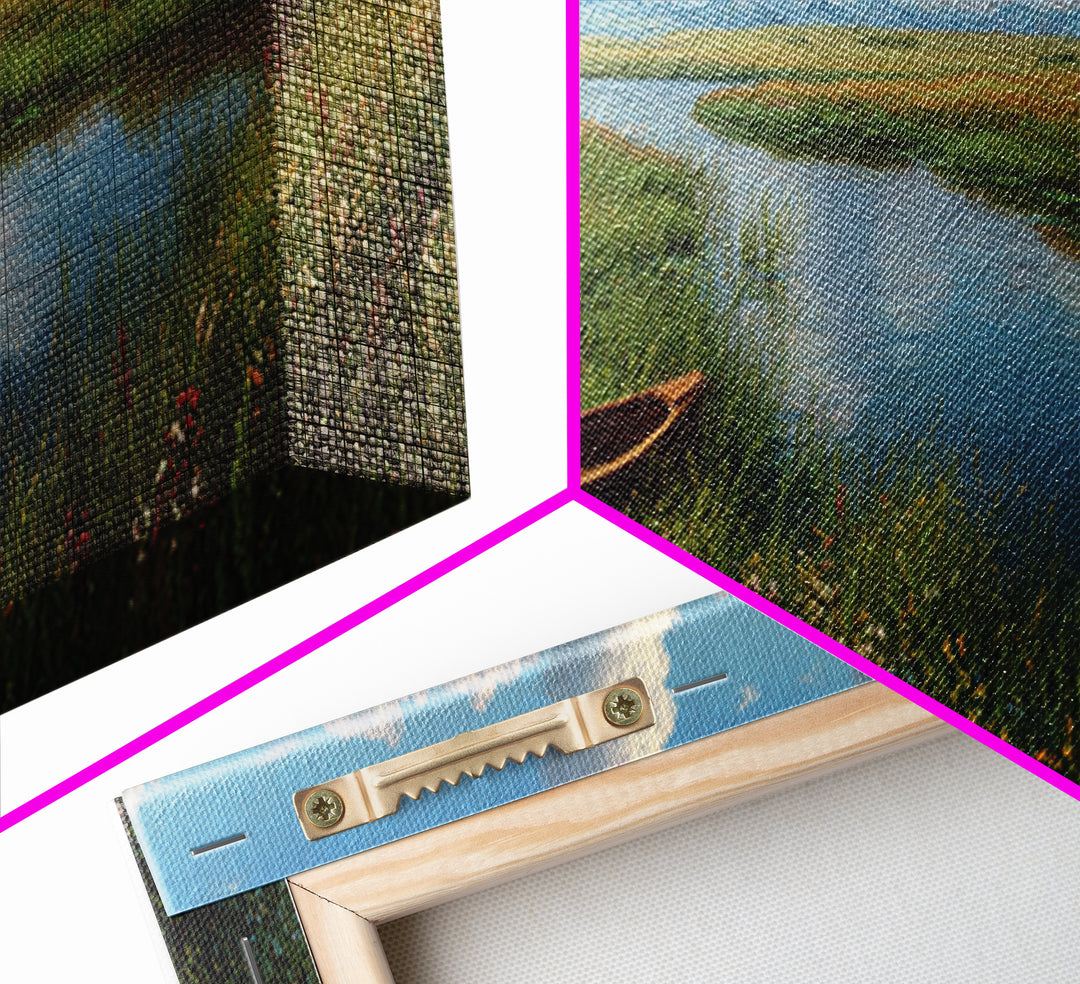 Peaceful Meadow River Boat Wall Art, Panoramic Landscape Canvas Print, Lake House Decor, Nature Wall Decor, Above Sofa Art