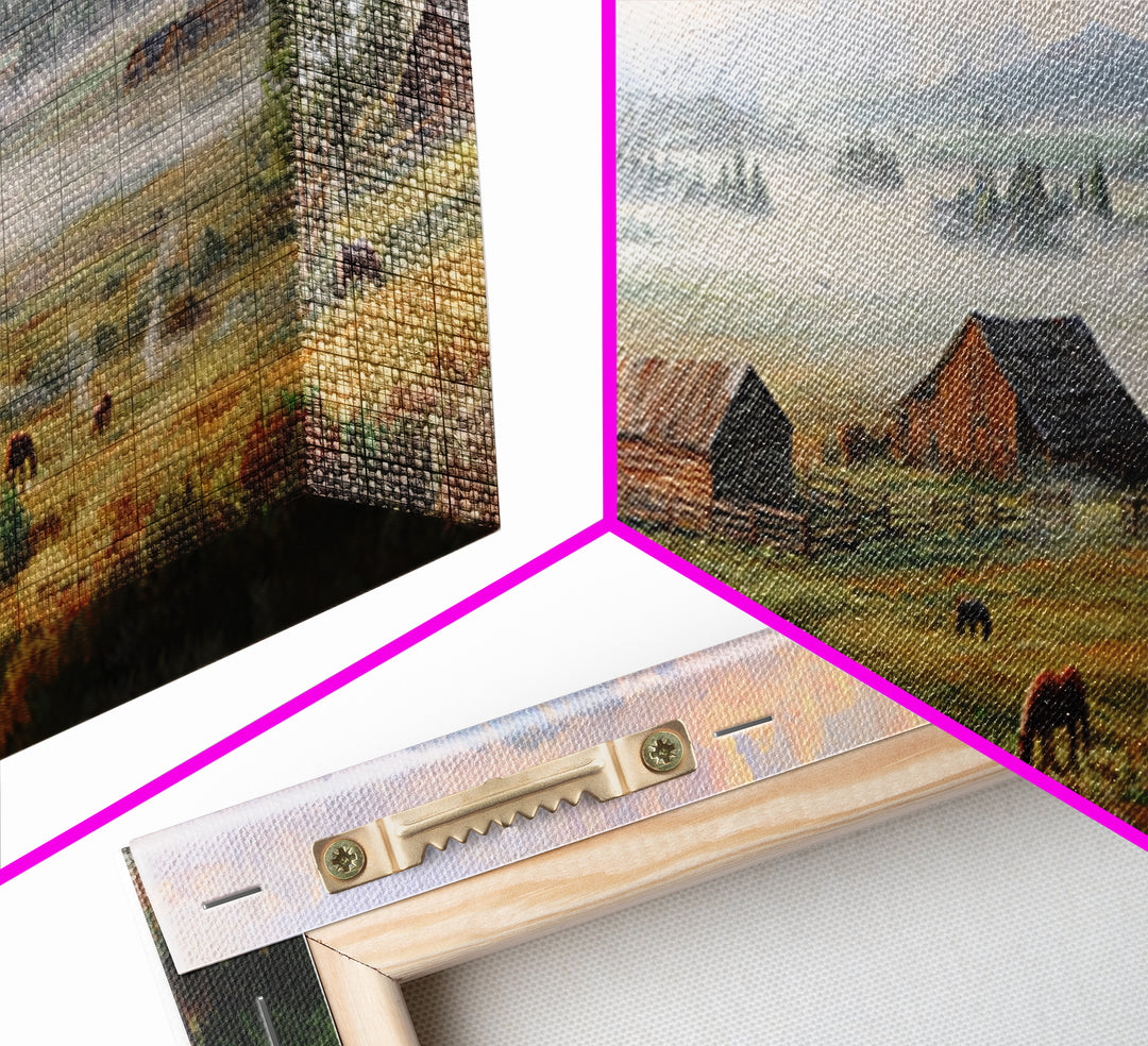 Misty Mountain Ranch Wall Art, Rustic Farmhouse Landscape With Cattle, Country Home Decor, Large Living Room Canvas Print