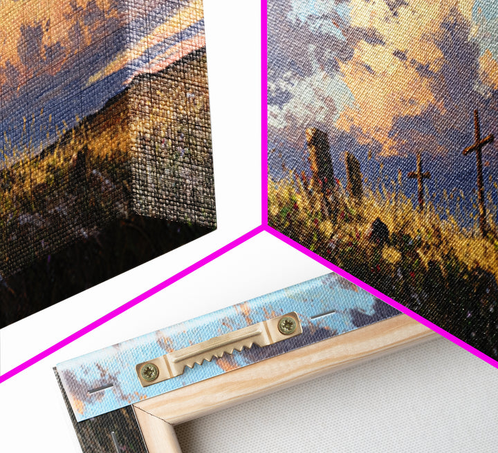 Prairie Hill Crosses Wall Art, Rustic Christian Landscape At Sunset, Spiritual Farmhouse Living Room Decor, Large Canvas Print