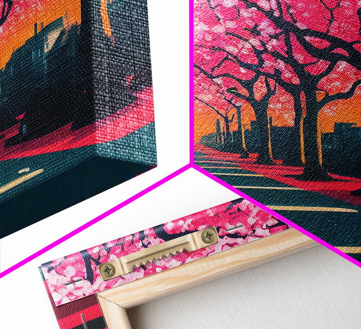 Street lined with Cherry Blossoms, Cherry Blossom Tree  Art, Framed Canvas Print, Ready To Hang Wall Art, Framed Wall Art