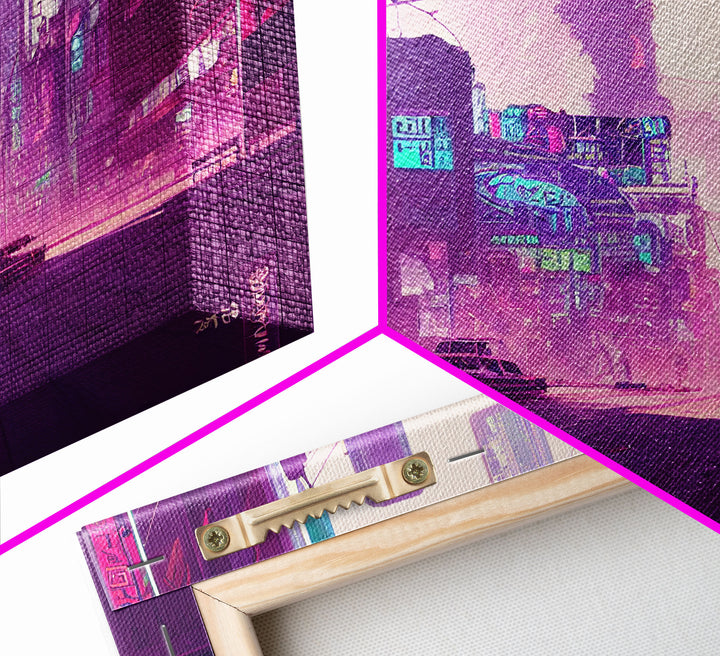 Cyberpunk Watercolor Tokyo Painting, Outrun Vibes Art, Wall Decor, Ready To Hang Framed Canvas Print, Oversize Wall Art