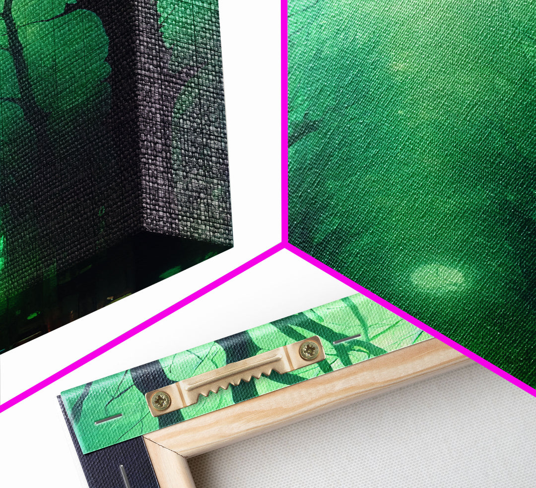 Emerald green city streets under a full moon, cool spooky art, framed canvas print