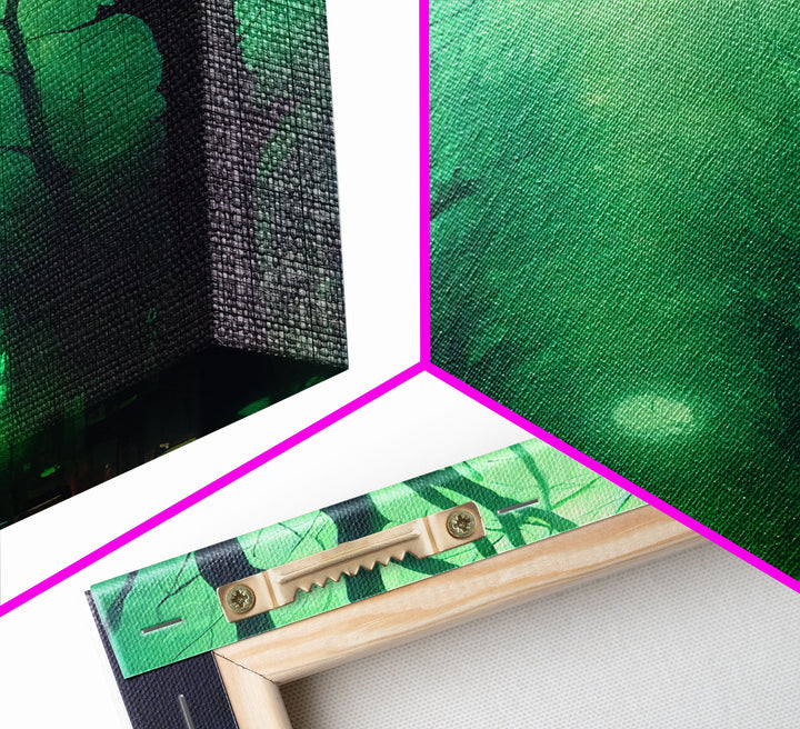 Emerald green city streets under a full moon, cool spooky art, framed canvas print