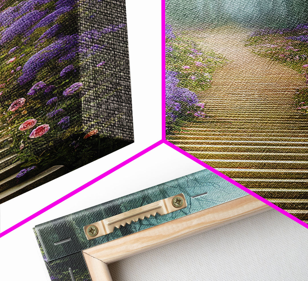 Lavender Lined Stairs Leading To The Haunted Forest, Fantasy Wall Art, framed canvas print, framed art