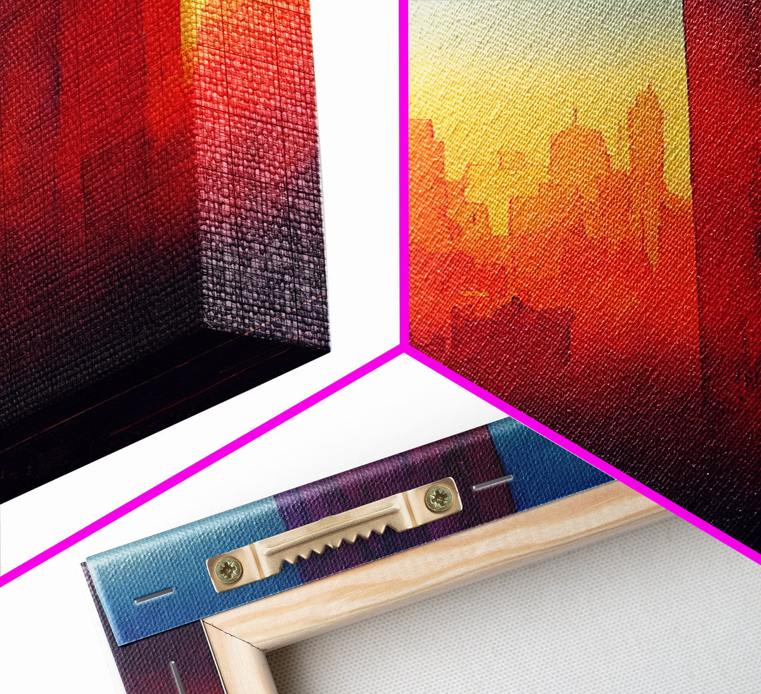 Chicago at sunset concept art, synthwave style, framed canvas print, ready to hang wall art with frame