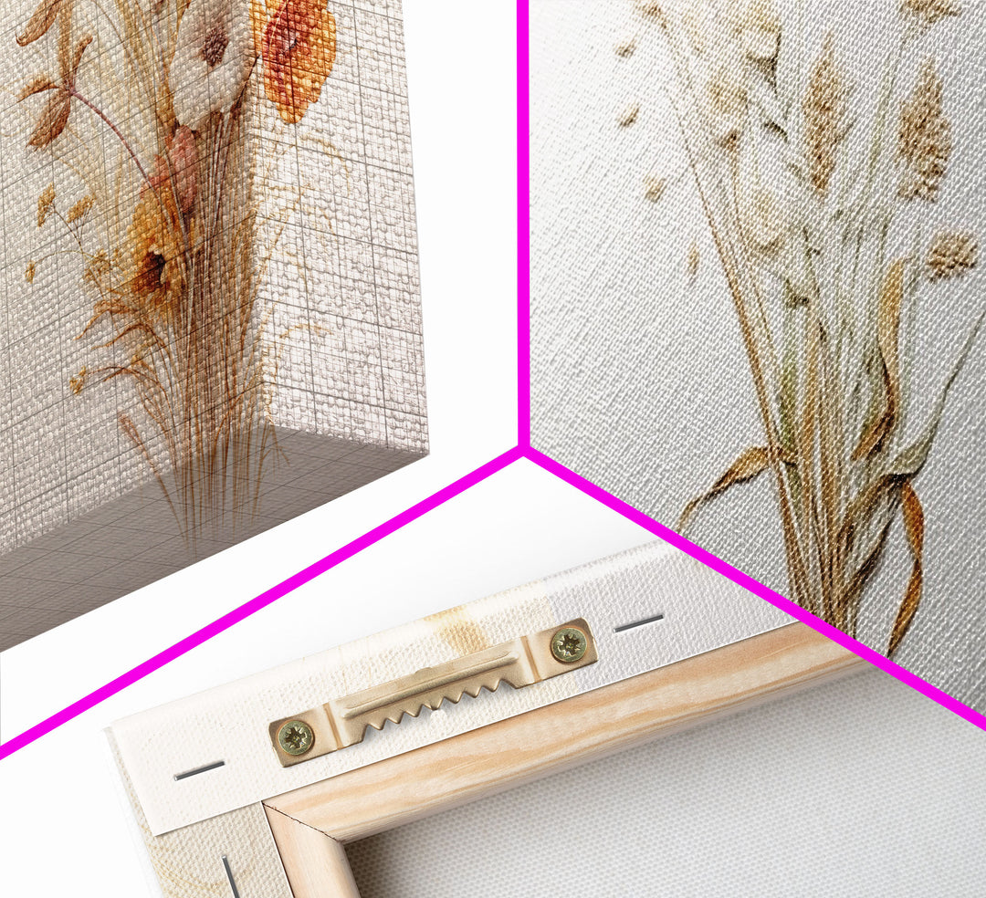 Rustic Framed Canvas Wall Art Set of 3, Modern Farmhouse Decor, Botanical Prints, Neutral Colors, Minimalist Art, Boho Farmhouse Decor