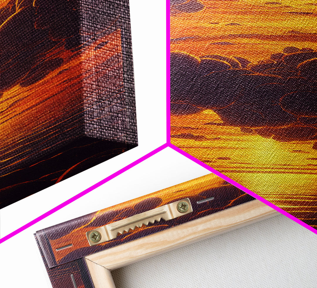 Orange Sunset, Psychedelic Sepia Sunset Art, Framed Canvas Print, Ready To Hang Framed Wall Art