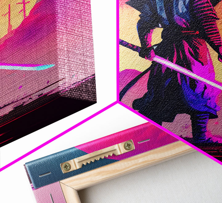 Synthwave Samurai, Cyberpunk Samurai Art, Framed Canvas Print, Ready To Hang Framed Wall Art