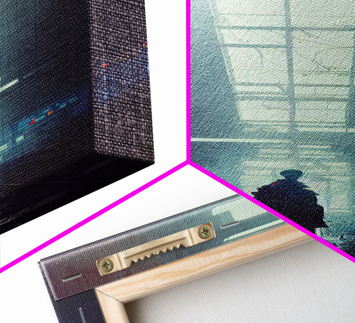 Cyberpunk Android In An Abandoned City, Dystopian Post Apocalyptic Art, Framed Canvas Print, Ready To Hang Framed Wall Art, Living Room