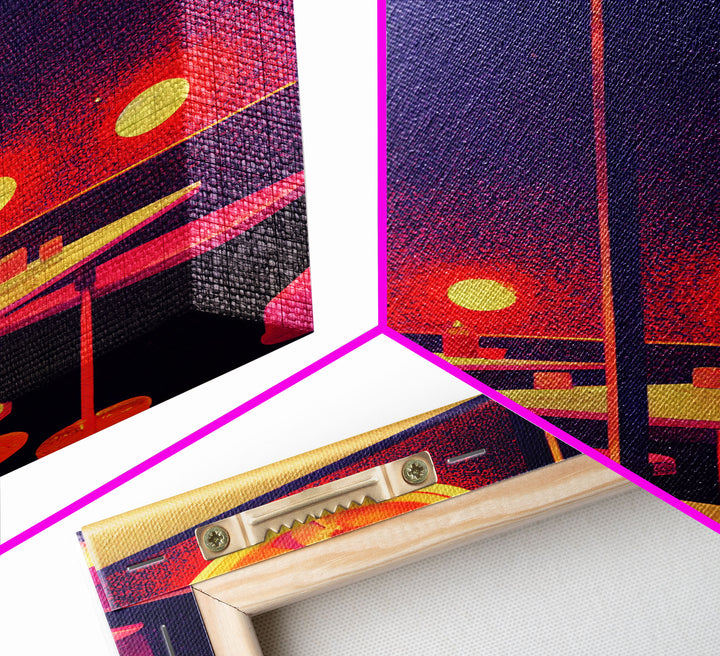 Retro 50s style diner art, vintage style, outrun style art, Framed Canvas Print, Ready To Hang Framed Wall Art, Living Room Wall Hanging