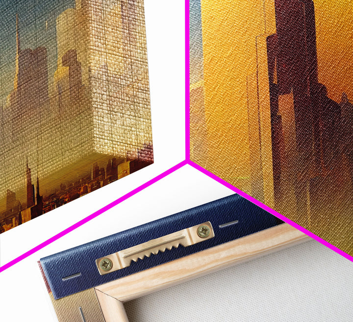 Huge Cyberpunk Desert Metropolis, Video game concept art, Framed Canvas Print, Ready To Hang Framed Wall Art, Living Room Decor