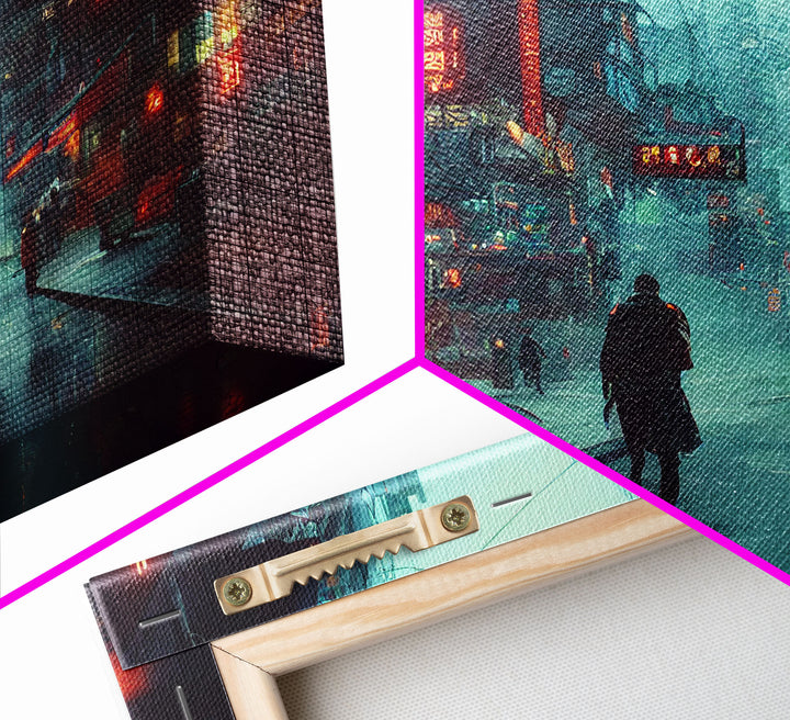 Cyberpunk City, Bladerunner Vibes Dystopian Cityscape, Wall Decor, Ready To Hang Framed Canvas Print, Oversize Wall Art