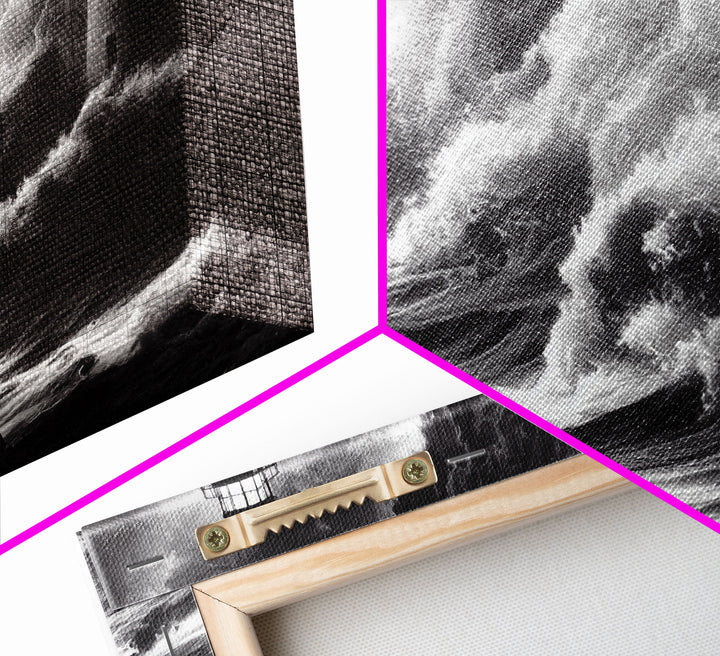 Lighthouse in a storm, black and white, tsunami waves, framed canvas print, ready to hang framed wall art