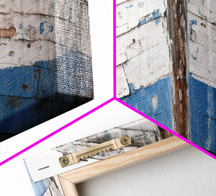 Photo Of An Old Wooden Boat With Peeling Paint, Framed Canvas Print, Nautical Wall Art, Lakehouse Decor