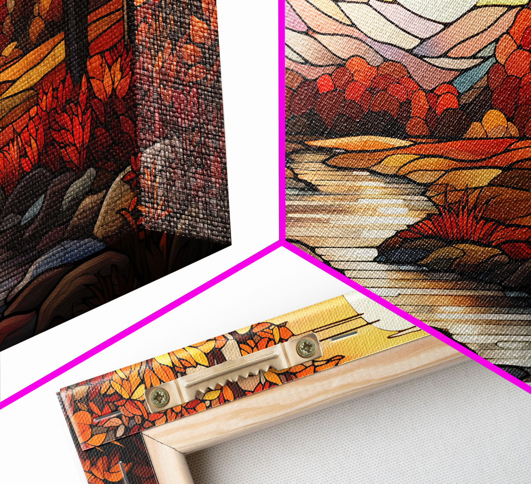 Fall Centerpiece Landscape Painting Canvas Print, Stained Glass Style Art, Stained Glass Wall Art, Autumn Decor, Rustic Fall Art, Fall Decor