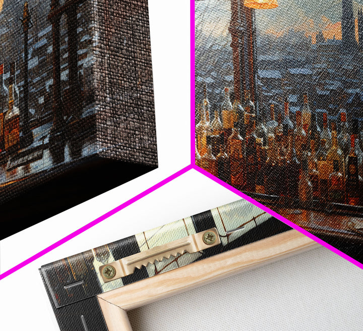 Old Timey Western Bar, Oil Painting Of A Vintage Bar Overlooking The City, Kitchen Art, Kitchen Wall Art, Home Bar Decor, Bar Cart Art