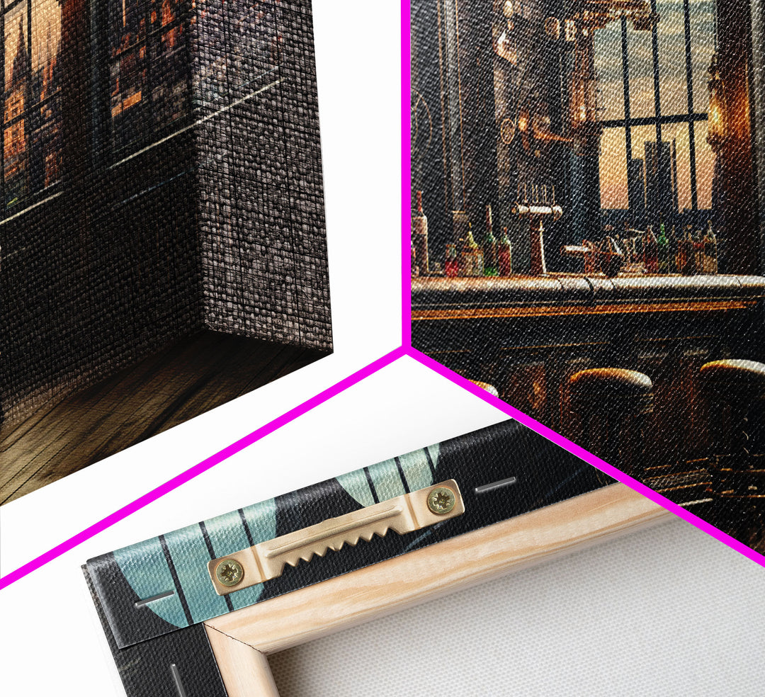 Fall Bar Decor Framed Canvas Print, Oil Painting Of A Vintage Bar In An Industrial Loft, Fall Centerpiece, Fall Decor, Cart Art