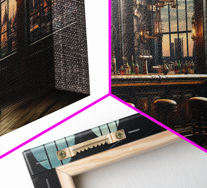 Fall Bar Decor Framed Canvas Print, Oil Painting Of A Vintage Bar In An Industrial Loft, Fall Centerpiece, Fall Decor, Cart Art