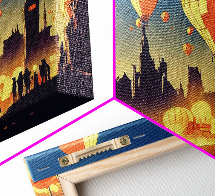 Flight of the balloons, hot air balloon armada, framed canvas print, ready to hang framed wall art