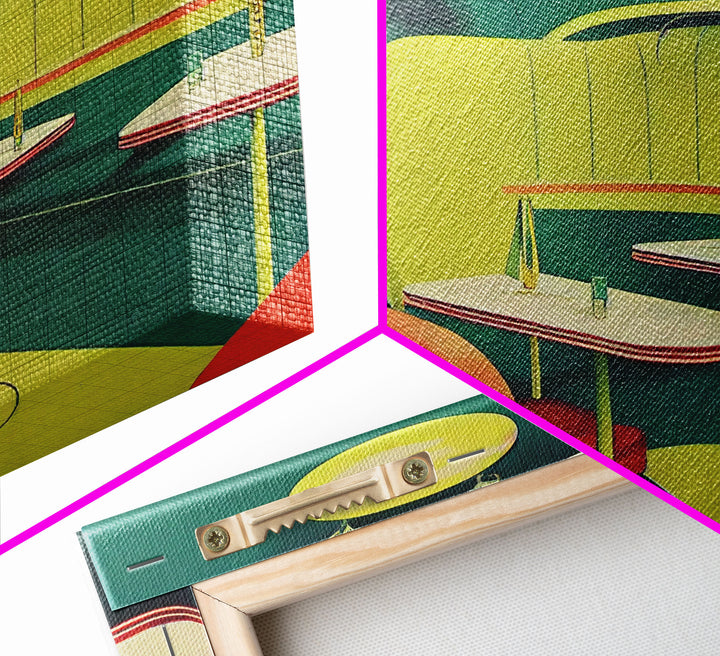 Retro Art, Lime green 1950s style art deco diner, framed canvas print, ready to hang framed wall art