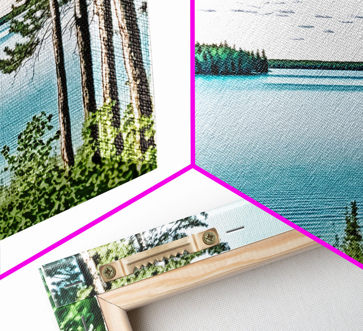 Pacific Northwest Lake Scene Watercolor Landscape Canvas Print - Framed Panoramic Artwork for Home Decor - Pine Tree Forest Lake Landscape