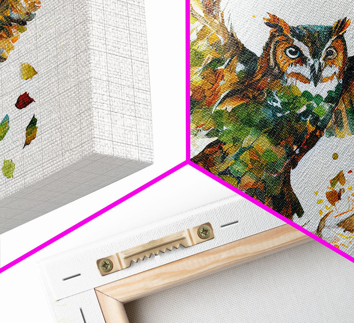 Owl wall art, framed canvas print, owl decor, nature art, owl print, owl painting, owl made of leaves double exposure art