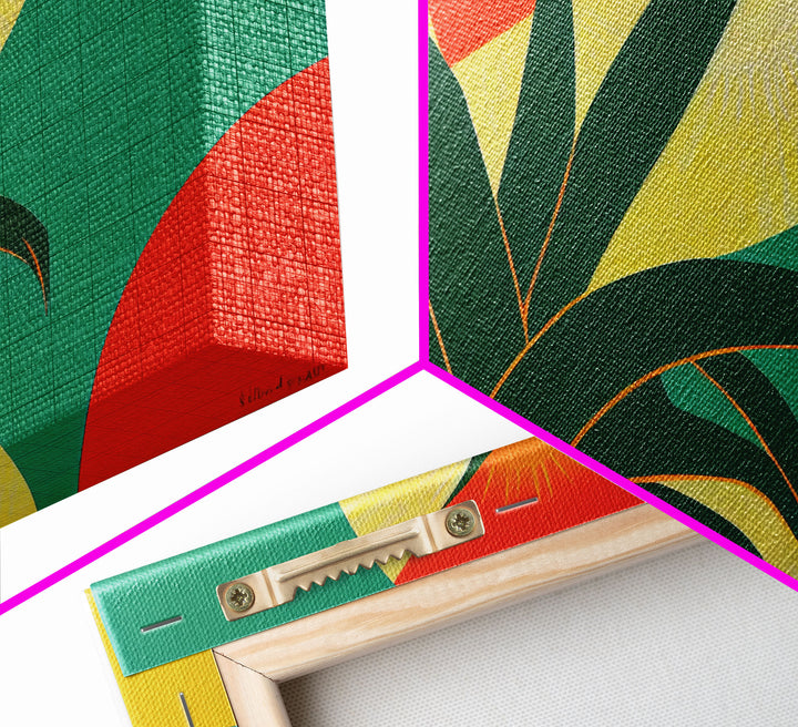 Midcentury Style Art Deco Palm Leaf, Framed Canvas Print, Framed Art, Wall Decor, Palm Tree, Tropical Art, green and gold art