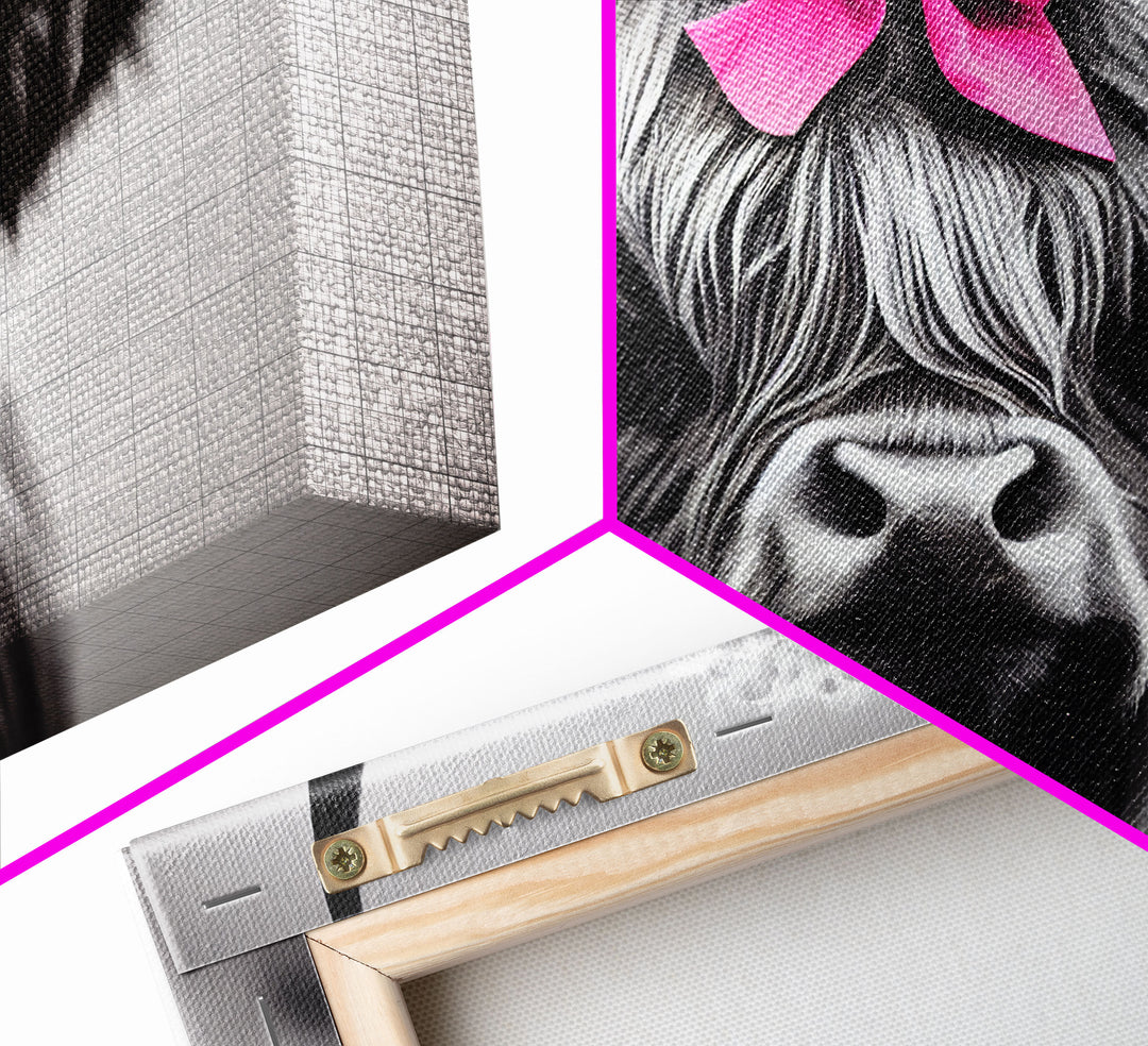 Cute Highland Cow wearing a Bow, Pink Bow on a Cute Cow, framed canvas print, black and white farmhouse cow art