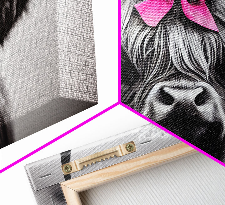 Cute Highland Cow wearing a Bow, Pink Bow on a Cute Cow, framed canvas print, black and white farmhouse cow art
