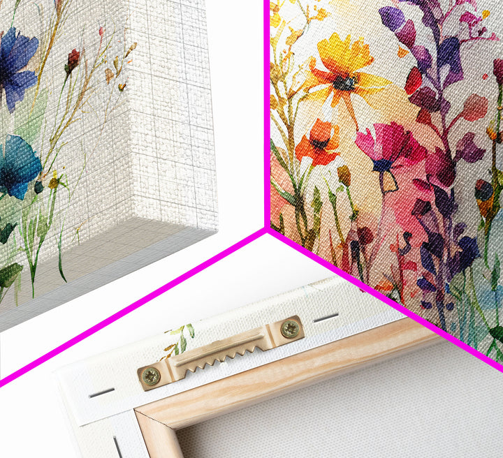 Panoramic Wildflower Canvas Print, Watercolor Flowers, Farmhouse Decor, Meadow Grass, Bedroom Wall Decor, Pastel Colors, Botanical Greenery
