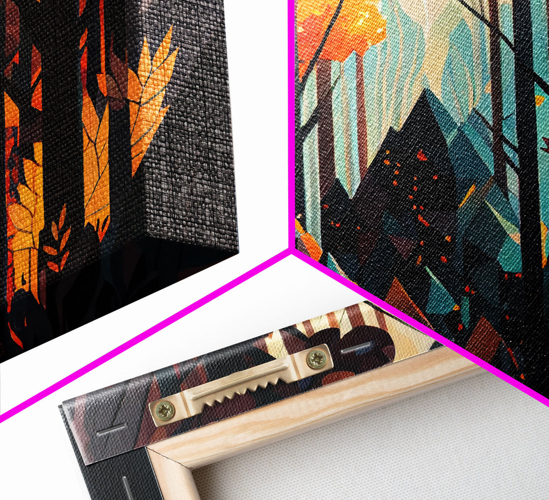Forest fire seen through a kaleidoscope, framed canvas print, wall art