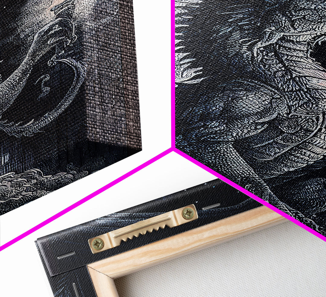 Dragon holding a torch, poster art, black and white dragon