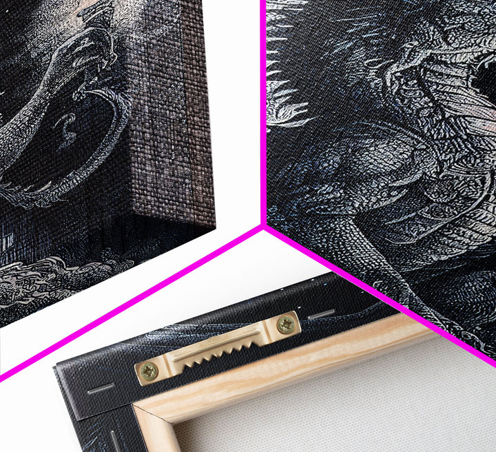 Dragon holding a torch, poster art, black and white dragon